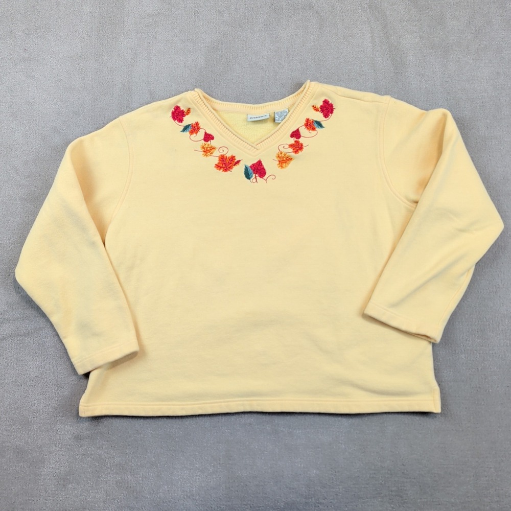 Classic Elements L 14-16 Sweatshirt Embroidered Leaf V-Neck Cottagecore Yellow